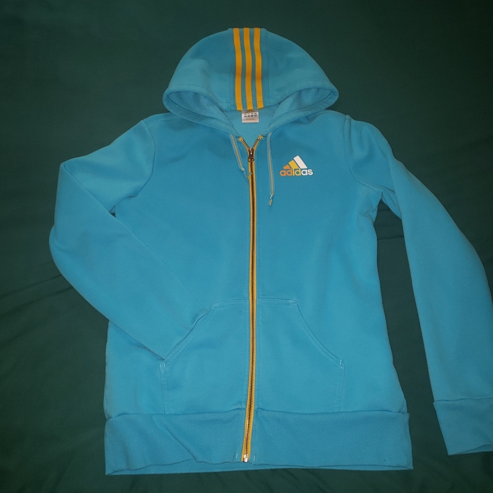 Adidas Blue Hoodie with Yellow Stripe and Zipper